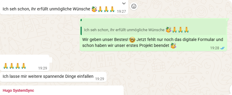 WhatsApp-Nachricht einer Kundin: Ich seh schon, ihr erfüllt unmögliche Wünsche